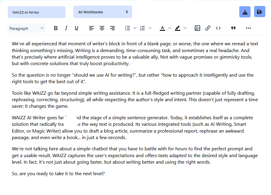WAIZZ AI Writer text demo