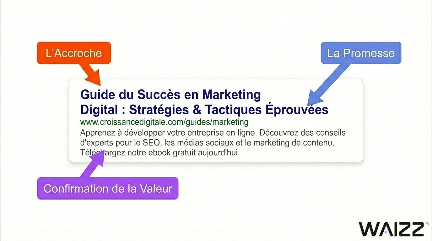 Schéma explicatif d'un résultat de recherche Google différenciant avec accroche, promesse et bloc de réassurance